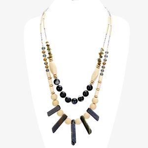 Layered Semi Precious Stone & Wood Statement Necklace